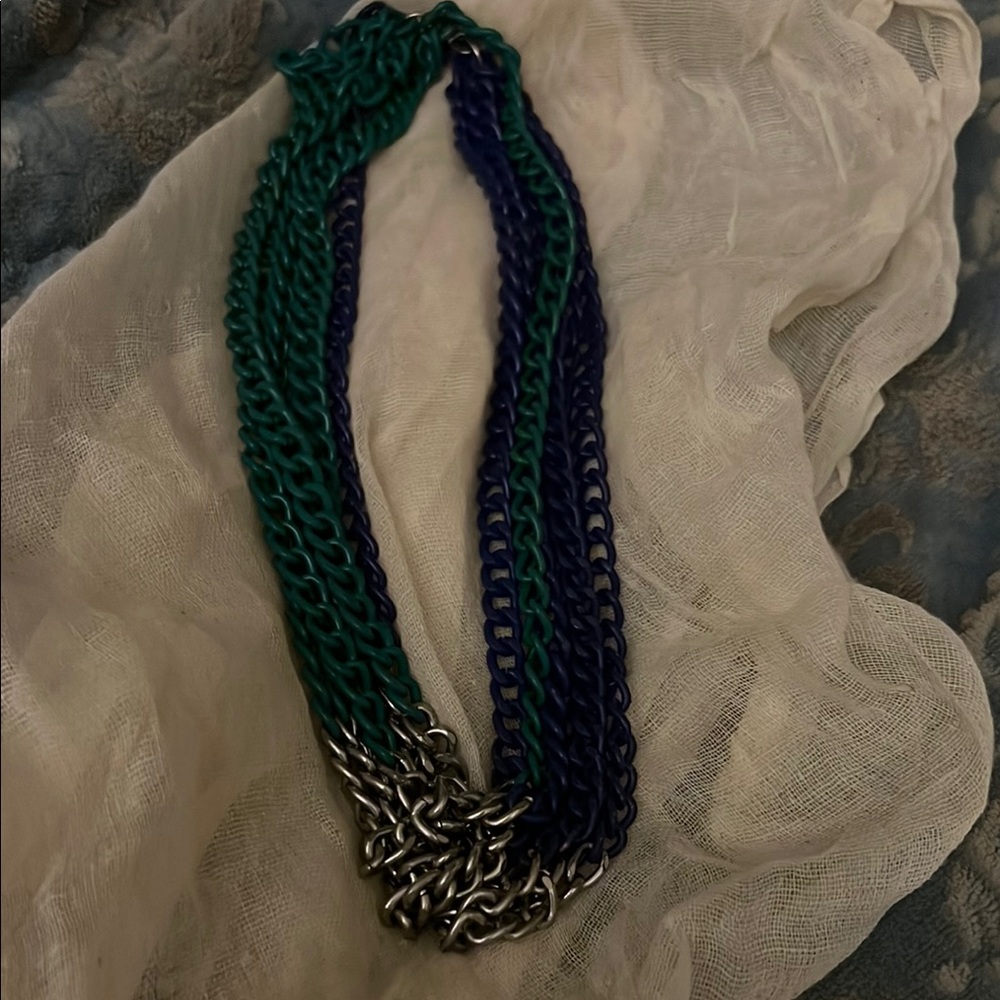 Green and Blue Multi-Strand Necklace with Decorative Clasp